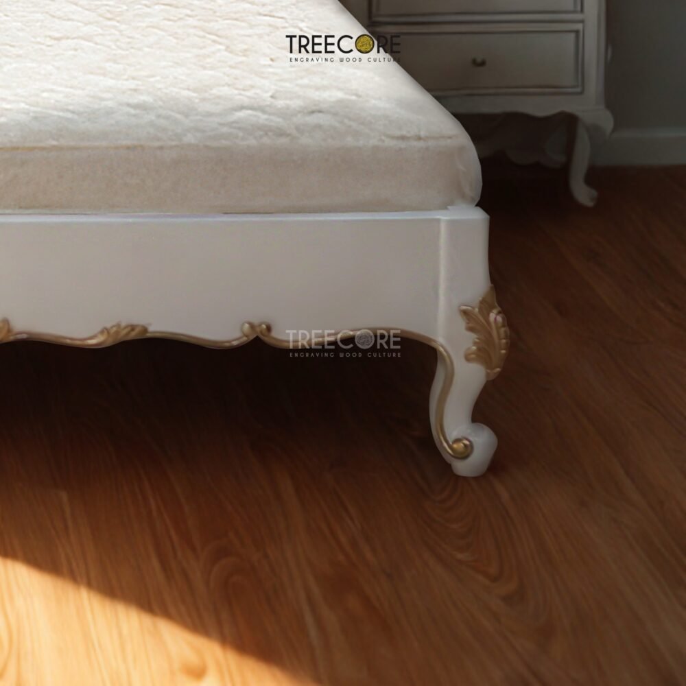 Enhance your bedroom with the Luxury Headboard Wooden Bed, crafted from mahogany wood with pearl finish and genuine gold leaf accents.