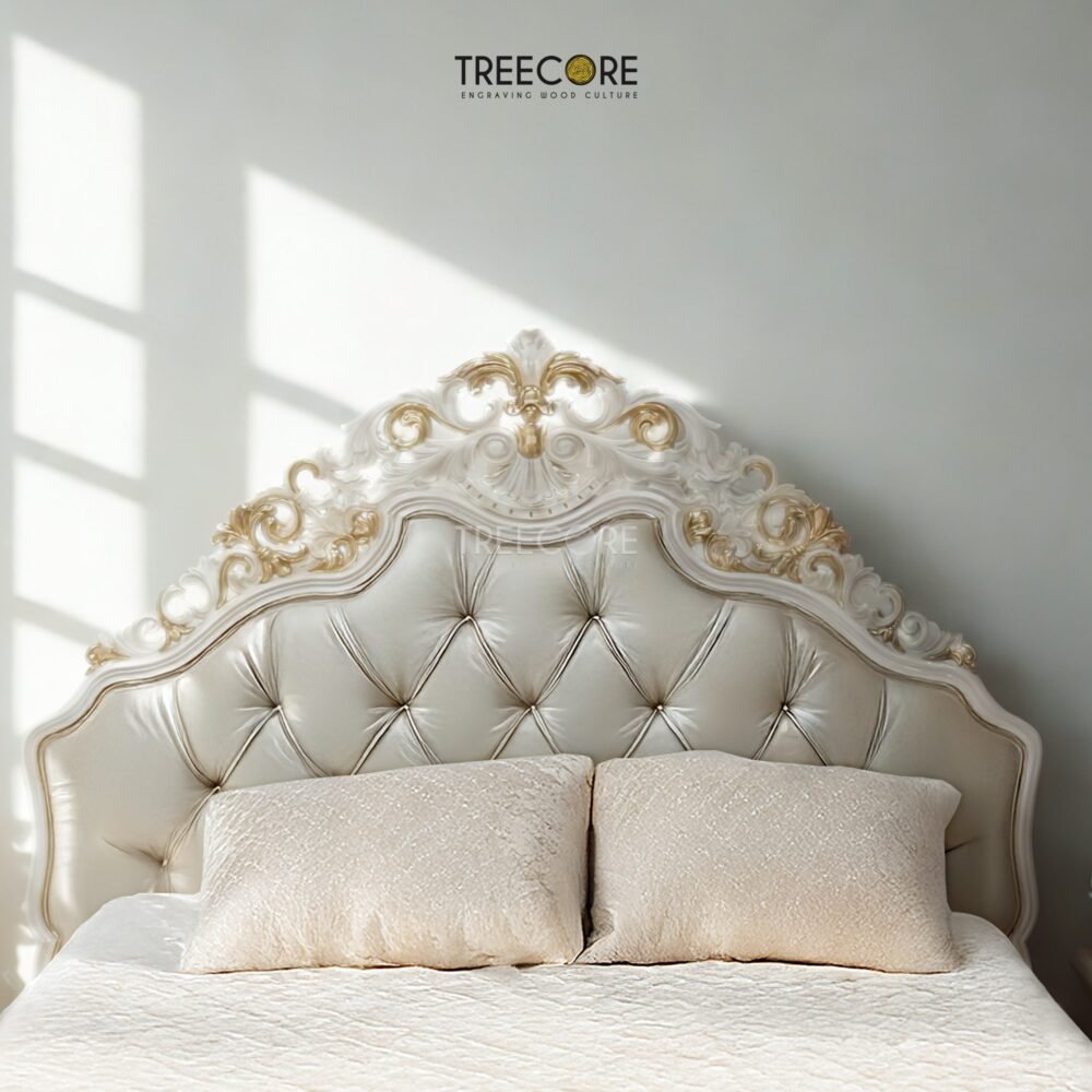 Enhance your bedroom with the Luxury Headboard Wooden Bed, crafted from mahogany wood with pearl finish and genuine gold leaf accents.