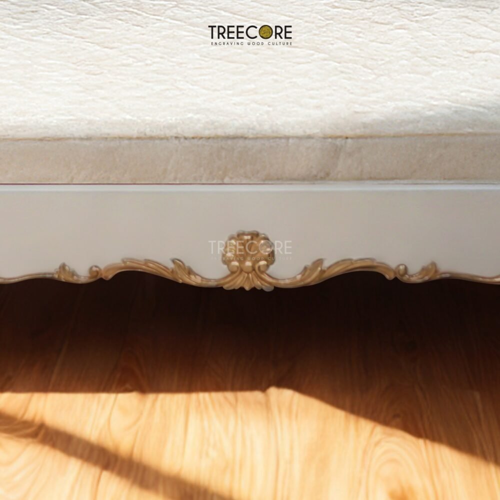 Enhance your bedroom with the Luxury Headboard Wooden Bed, crafted from mahogany wood with pearl finish and genuine gold leaf accents.