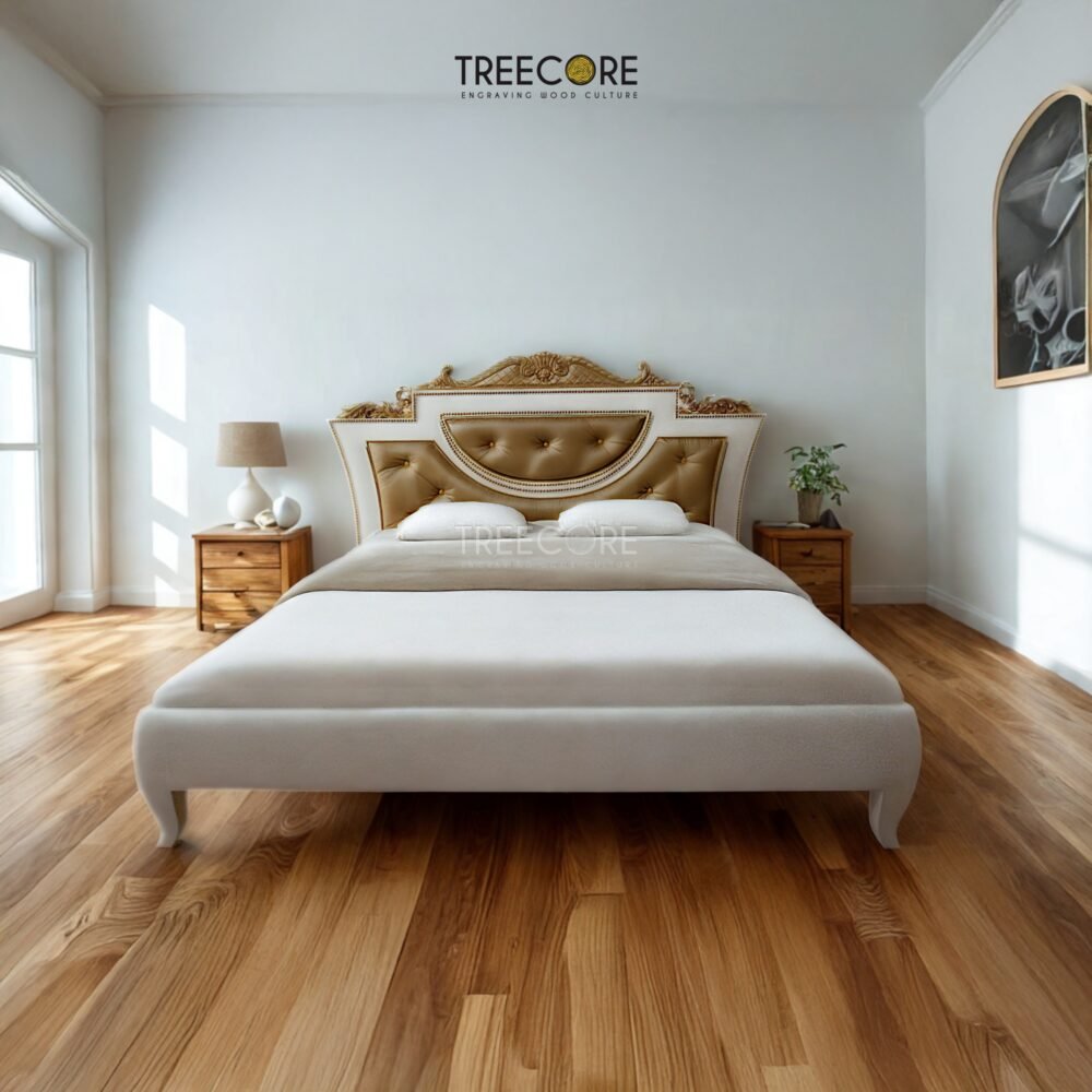 Elevate your bedroom with the Royal Gold Wooden Bed crafted from mahogany wood with pearl finish and genuine gold leaf detailing.