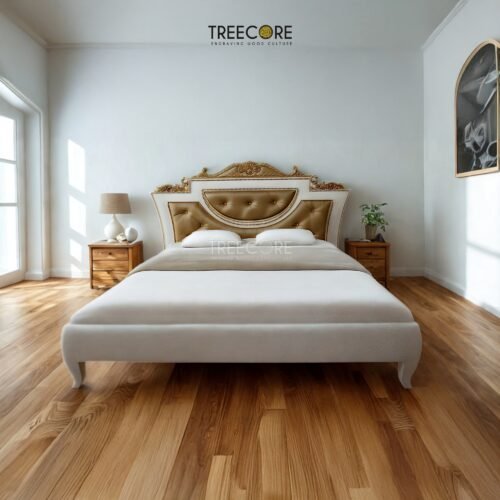 Elevate your bedroom with the Royal Gold Wooden Bed crafted from mahogany wood with pearl finish and genuine gold leaf detailing.