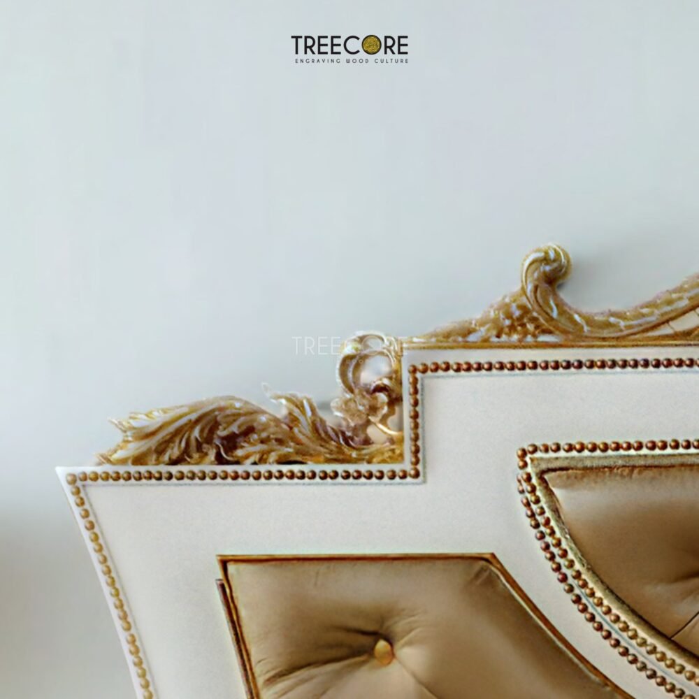 Elevate your bedroom with the Royal Gold Wooden Bed crafted from mahogany wood with pearl finish and genuine gold leaf detailing.