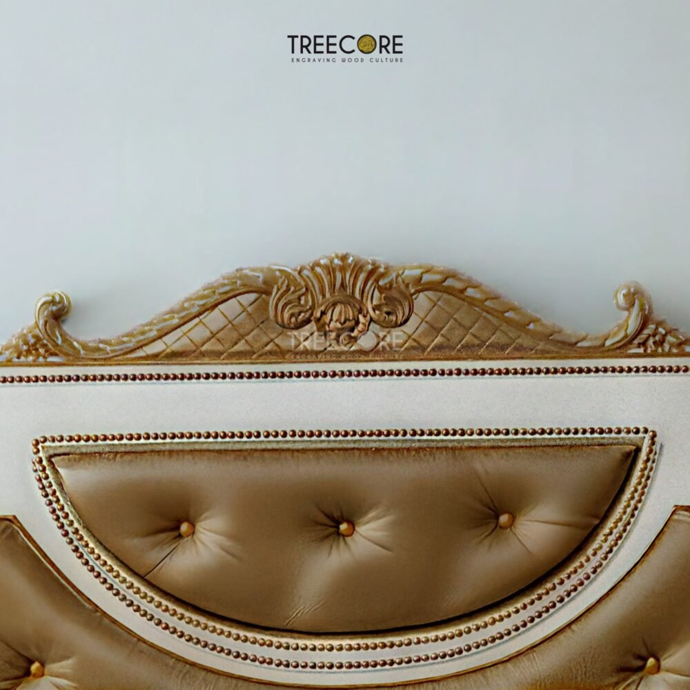 Elevate your bedroom with the Royal Gold Wooden Bed crafted from mahogany wood with pearl finish and genuine gold leaf detailing.