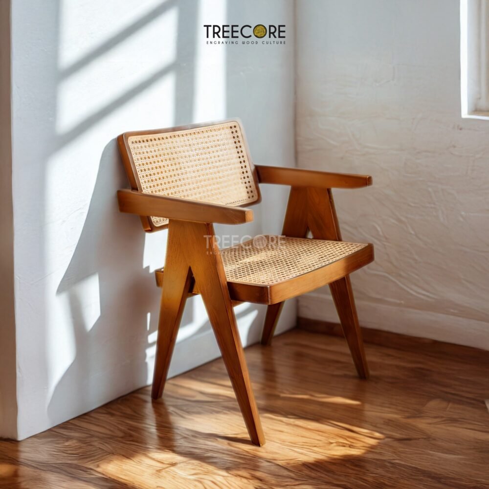 Enhance your dining space with the Natural Rattan Dining Chair, featuring a teak wood frame, woven rattan seating, and satin finish.