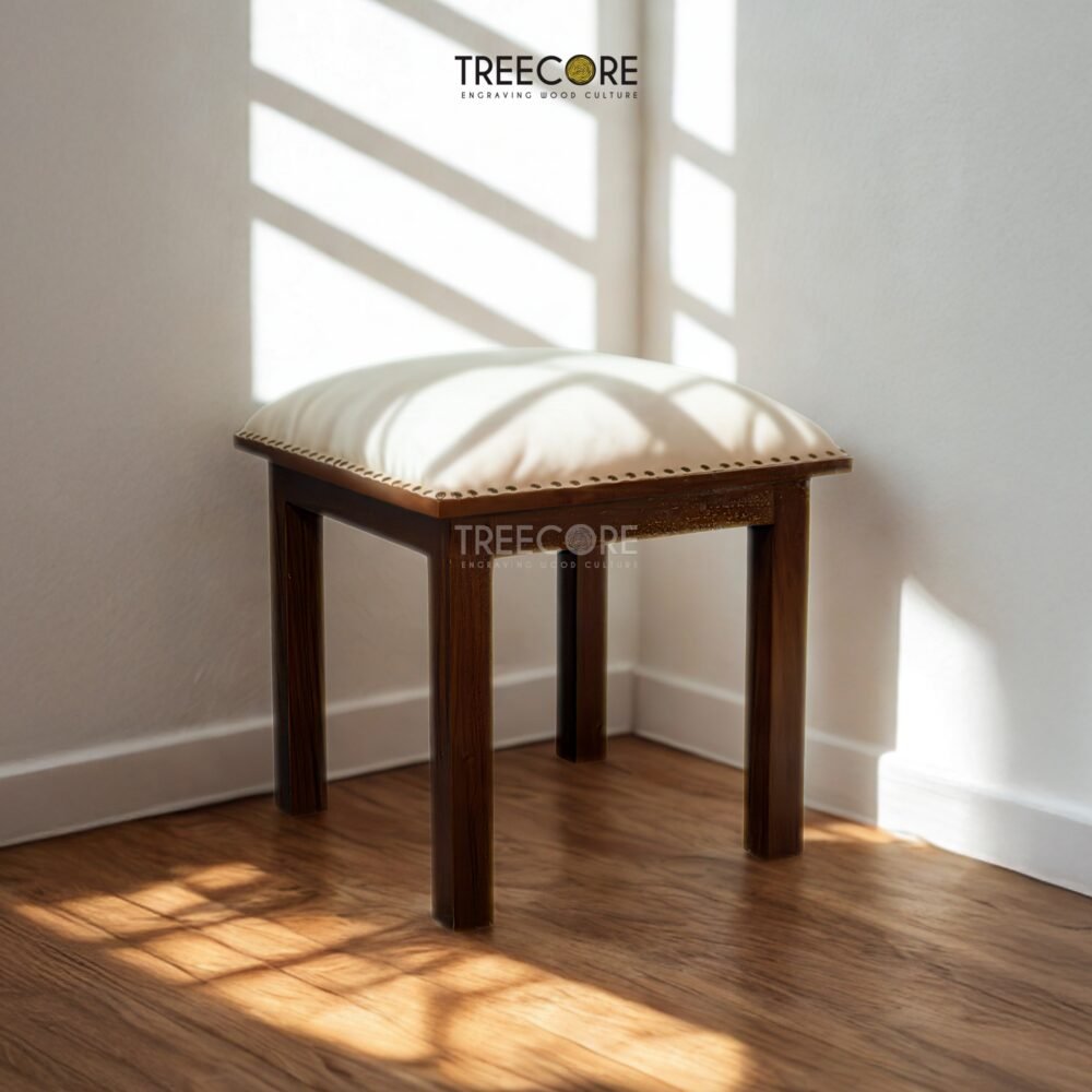 The Wooden Stool Make-Up Chair, crafted from teak wood with satin brown finish, offering durability, elegance, and versatile functionality for everyday use.