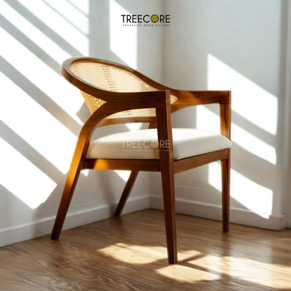 Experience comfort and style with the Scandinavian Rattan Dining Chair, featuring teak wood frame, rattan backrest, soft foam cushions, and satin finish.