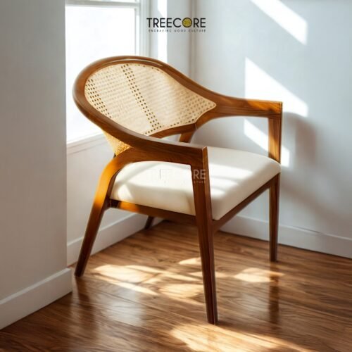 Experience comfort and style with the Scandinavian Rattan Dining Chair, featuring teak wood frame, rattan backrest, soft foam cushions, and satin finish.