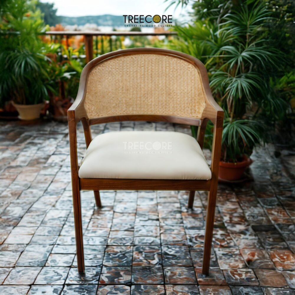 Experience comfort and style with the Scandinavian Rattan Dining Chair, featuring teak wood frame, rattan backrest, soft foam cushions, and satin finish.