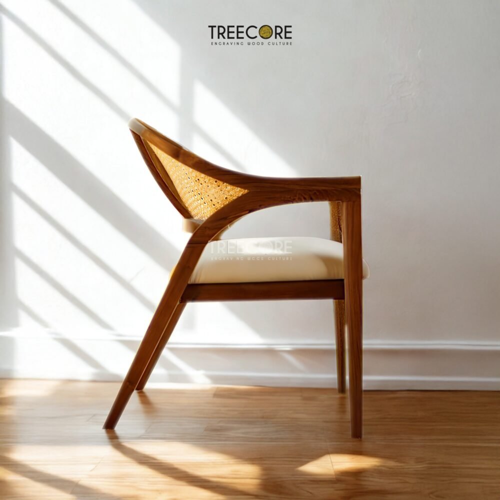 Experience comfort and style with the Scandinavian Rattan Dining Chair, featuring teak wood frame, rattan backrest, soft foam cushions, and satin finish.