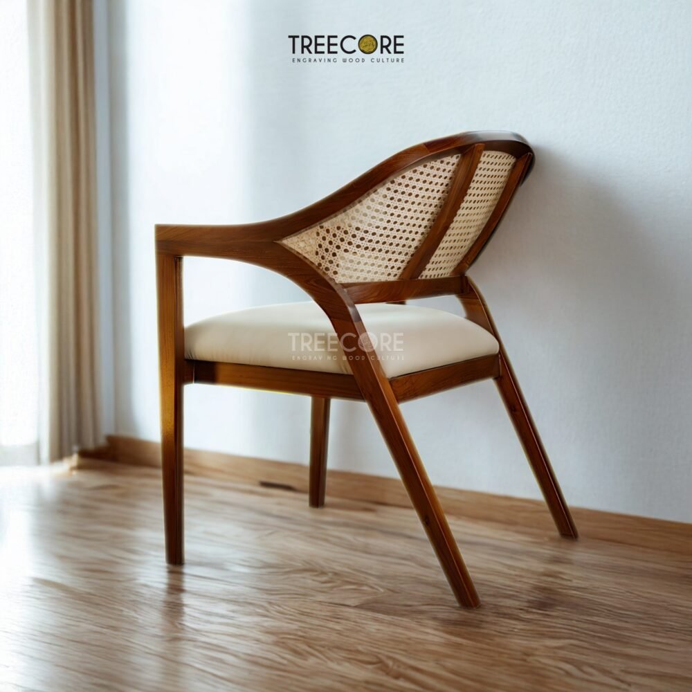 Experience comfort and style with the Scandinavian Rattan Dining Chair, featuring teak wood frame, rattan backrest, soft foam cushions, and satin finish.