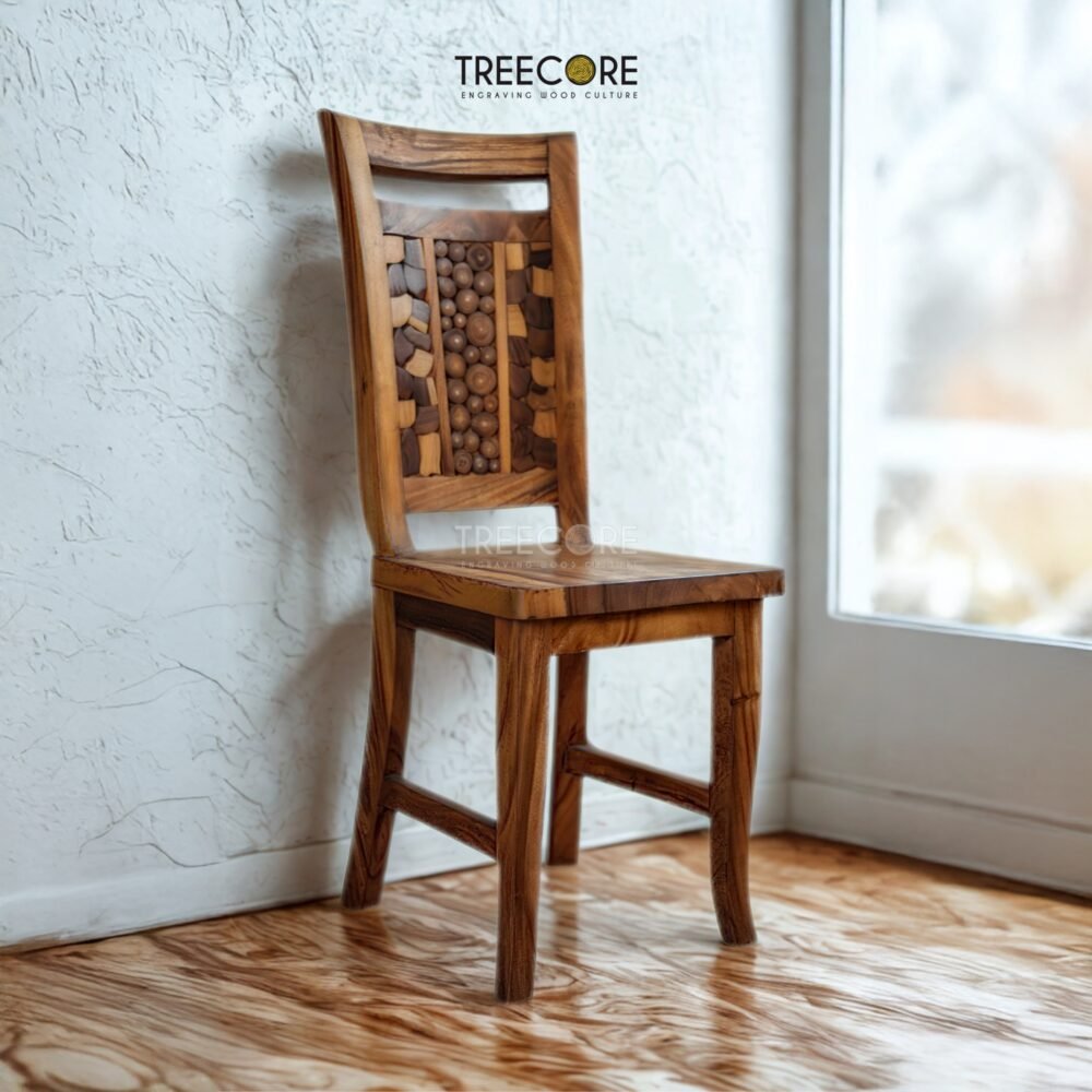 Bring artistic charm to your home with the Unique Mosaic Patterned Wood Chair, crafted from teak wood with a natural satin finish.