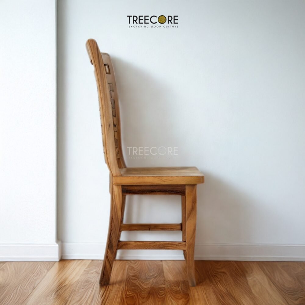 Bring artistic charm to your home with the Unique Mosaic Patterned Wood Chair, crafted from teak wood with a natural satin finish.