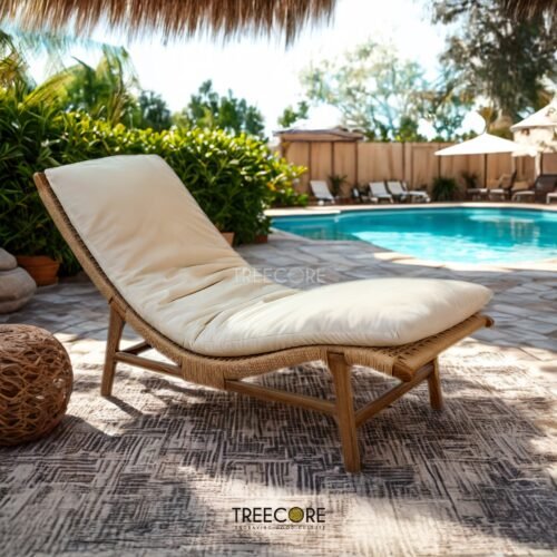 Experience timeless comfort with the Curved Rattan Lounge Chair, crafted from teak wood with natural satin finish and plush soft cushions.