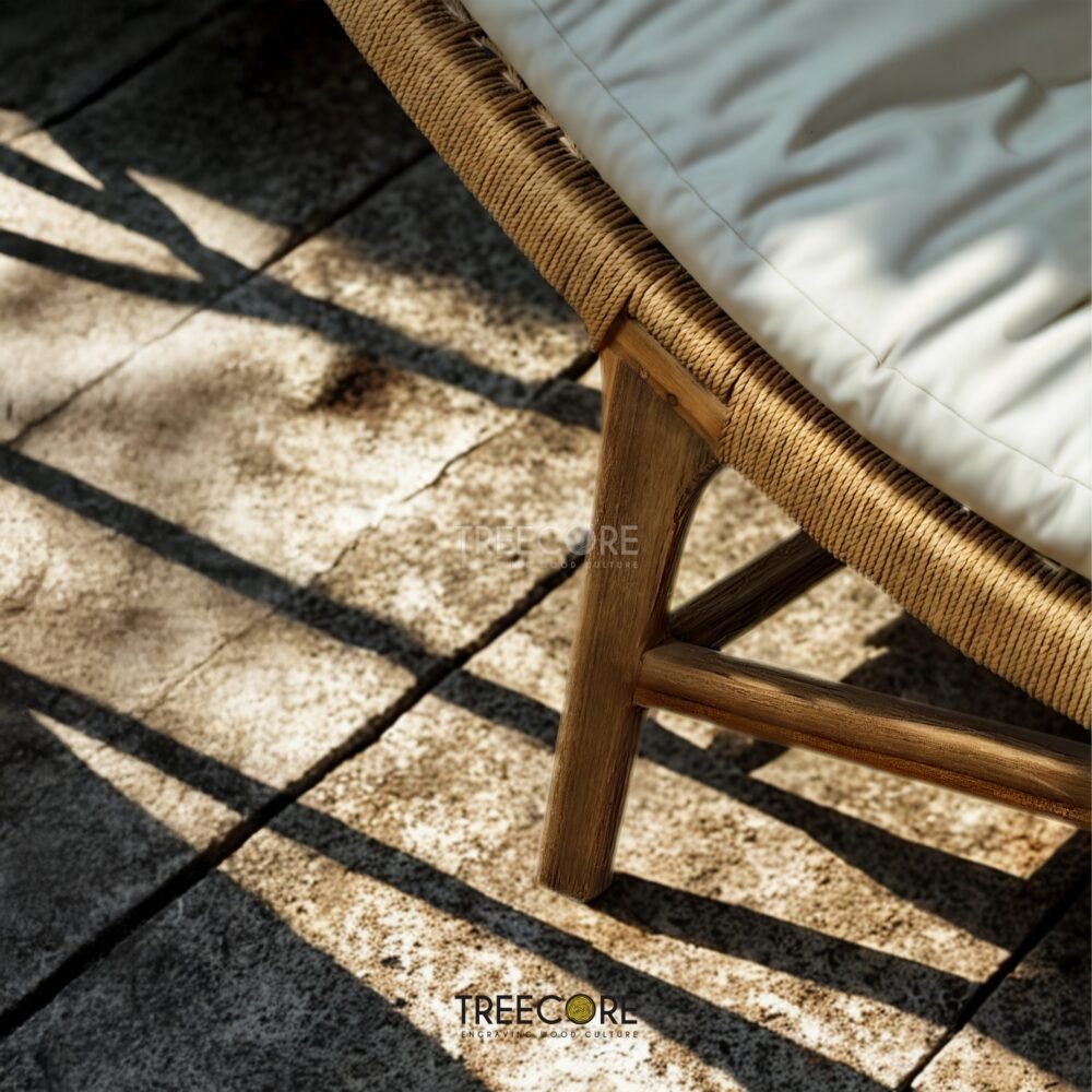 Experience timeless comfort with the Curved Rattan Lounge Chair, crafted from teak wood with natural satin finish and plush soft cushions.