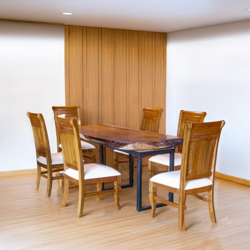 Add timeless elegance with the Vertical Slat Back Chair, crafted from durable teak wood with satin finish and ergonomic design.
