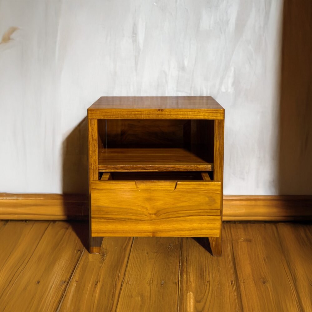 Elevate your space with the Elegant Teak Nightstand, featuring a single drawer, open shelf, and natural satin wood finish.