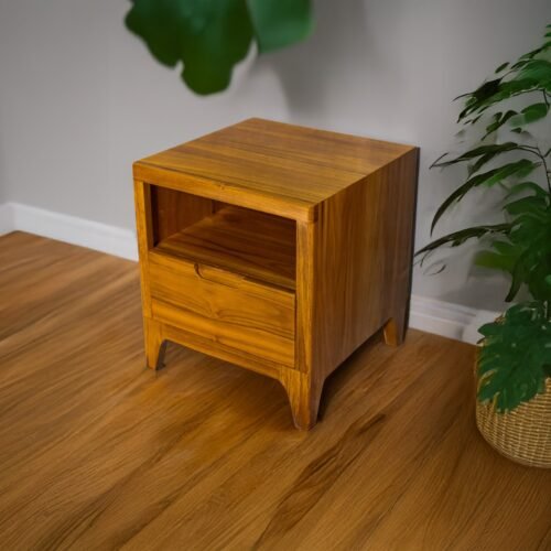Elevate your space with the Elegant Teak Nightstand, featuring a single drawer, open shelf, and natural satin wood finish.