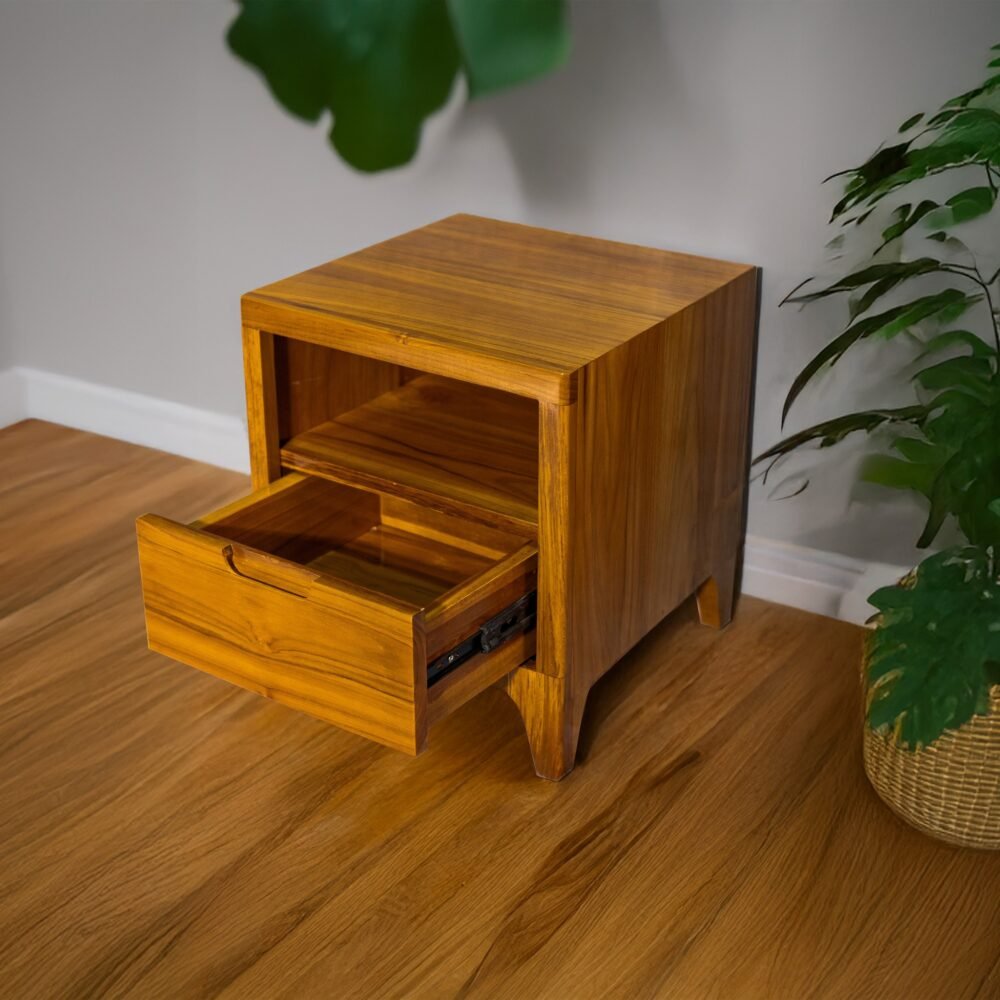 Elevate your space with the Elegant Teak Nightstand, featuring a single drawer, open shelf, and natural satin wood finish.