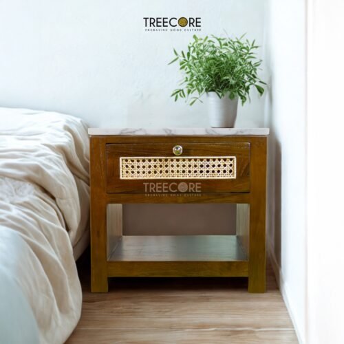 Bring elegance home with the Lightweight Scandinavian Style Nightstand, crafted from teak wood and rattan with smooth drawers and satin finish.
