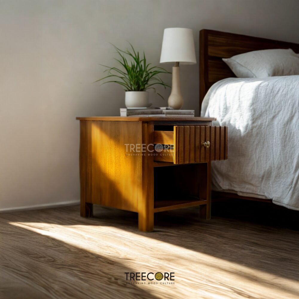 Discover The Clean Line Accent Nightstand in teak wood with satin finish, featuring smooth sliding drawers and timeless minimalist design.