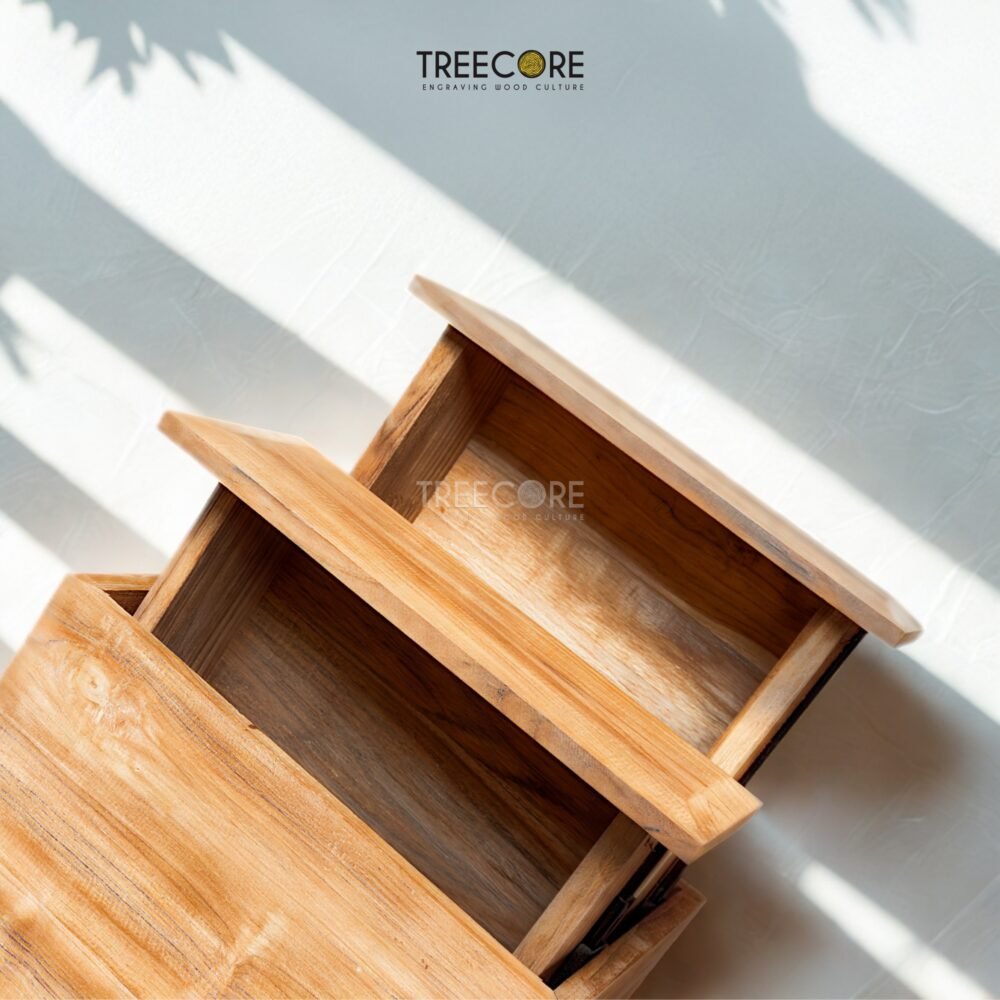 Elevate your interiors with the Teak Panel Side Table, featuring premium teak wood, unique panel design, and two smooth sliding drawers.