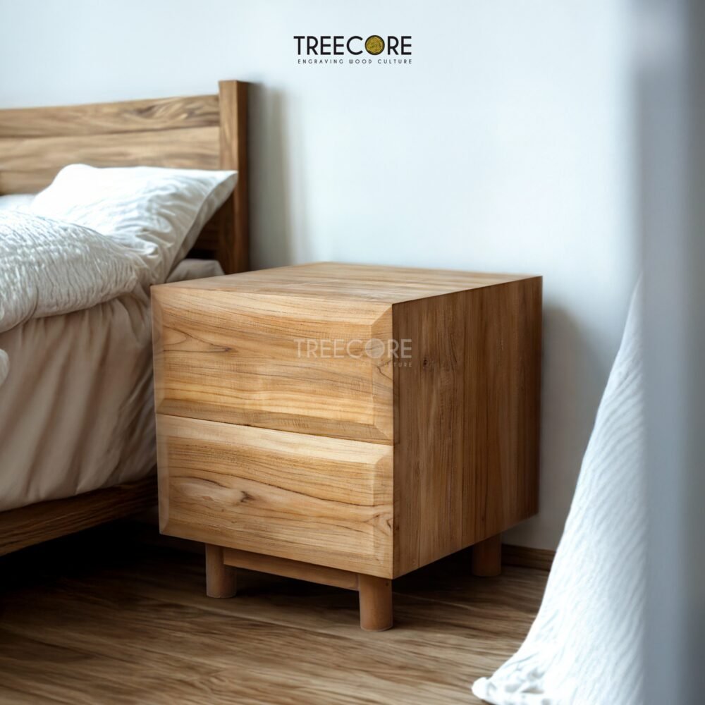 Elevate your interiors with the Teak Panel Side Table, featuring premium teak wood, unique panel design, and two smooth sliding drawers.