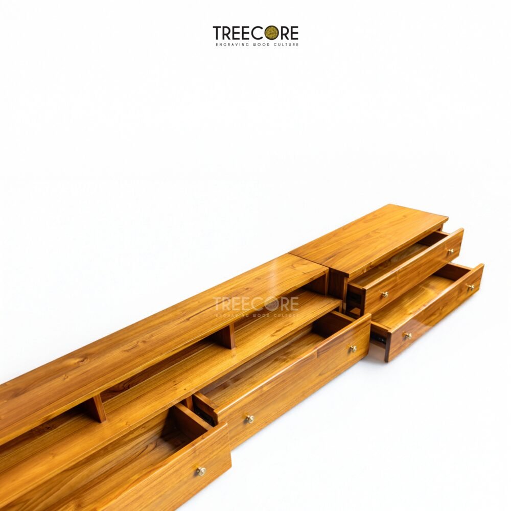 The Minimalist Wooden TV Cabinet, crafted from teak wood with satin finish, features nine drawers and modern design for elegant media storage.