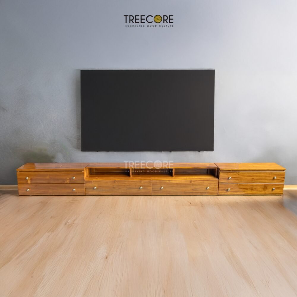 The Minimalist Wooden TV Cabinet, crafted from teak wood with satin finish, features nine drawers and modern design for elegant media storage.