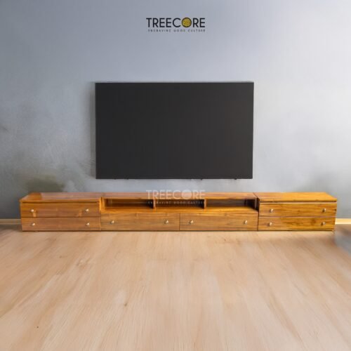 The Minimalist Wooden TV Cabinet, crafted from teak wood with satin finish, features nine drawers and modern design for elegant media storage.