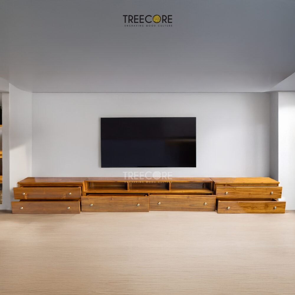 The Minimalist Wooden TV Cabinet, crafted from teak wood with satin finish, features nine drawers and modern design for elegant media storage.