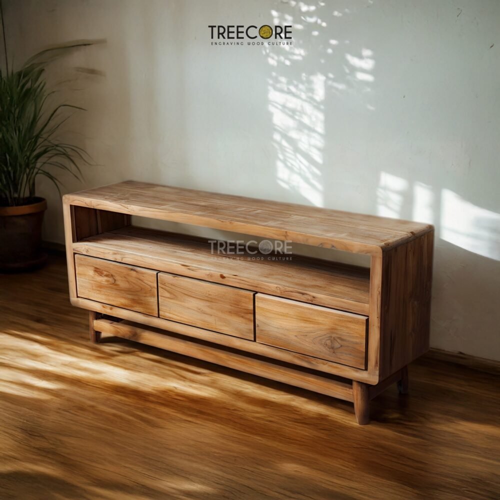 Rustic Wooden TV Cabinet made of teak wood with four drawers, offering functional storage and natural charm for living spaces.