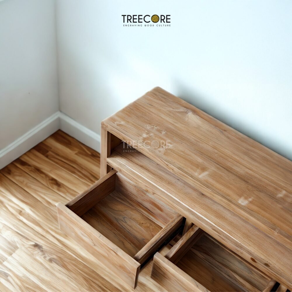 Rustic Wooden TV Cabinet made of teak wood with four drawers, offering functional storage and natural charm for living spaces.