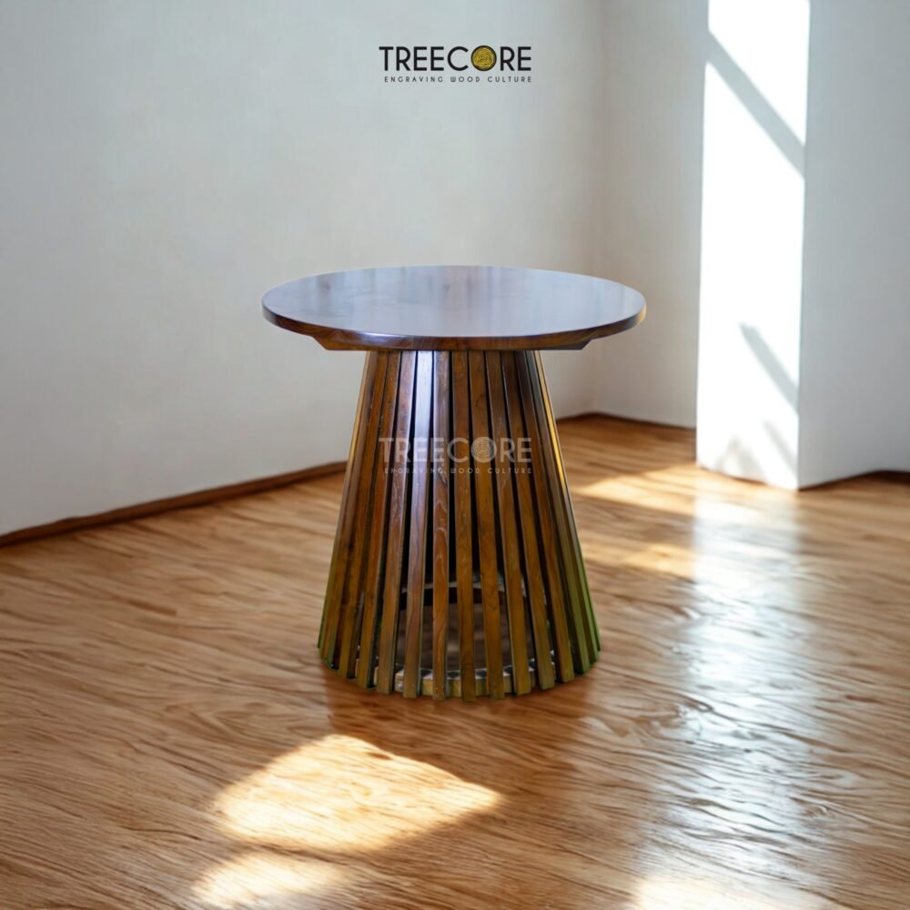 Elevate your living room with The Wooden Slatted Coffee Table in teak wood, featuring satin brown finish and timeless modern design.