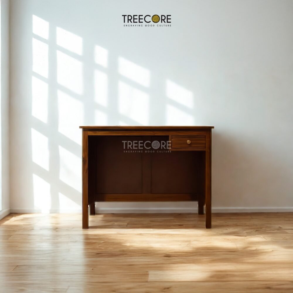 Discover The Minimalist Study Table, crafted from durable teak wood with satin finish and stylish drawer design for functional elegance.