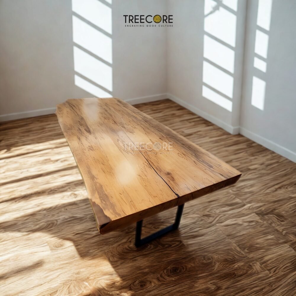 Enhance interiors with The Suar Live Edge Table, crafted from solid suar wood featuring unique live edge design and timeless durability.