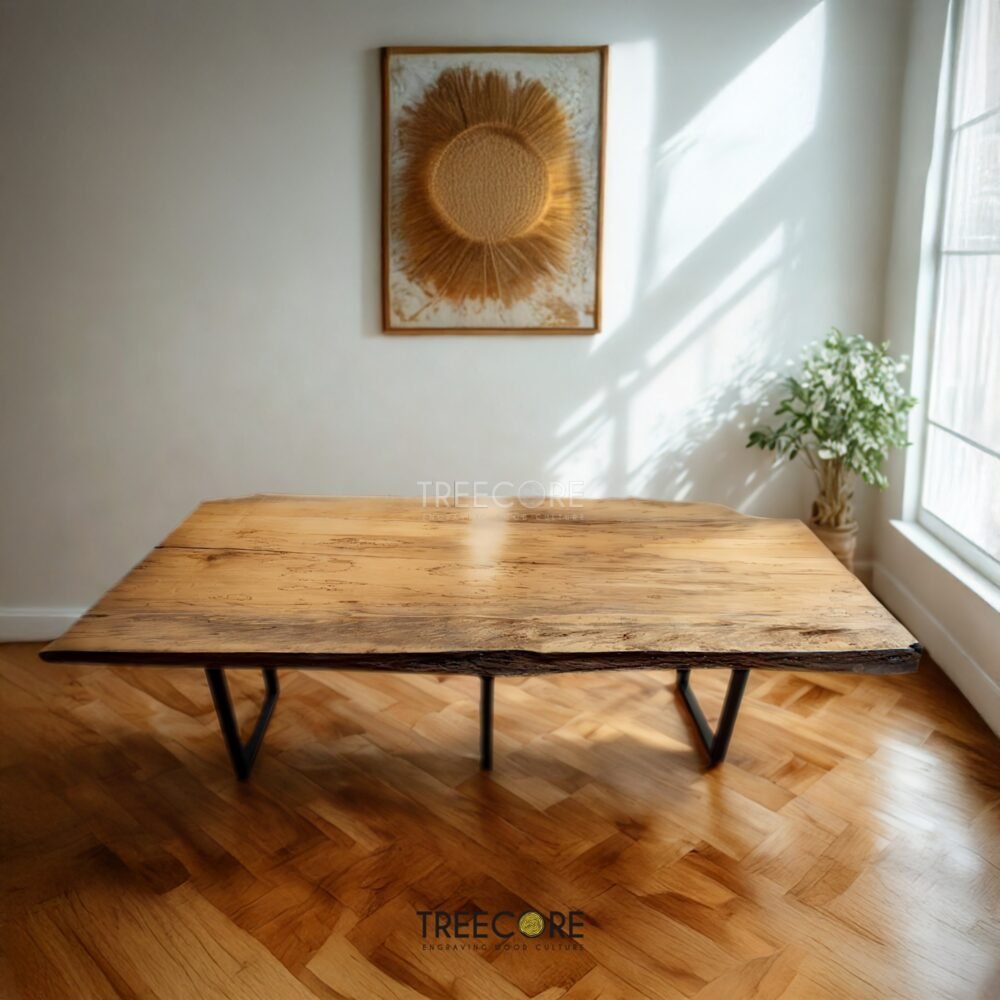 Enhance interiors with The Suar Live Edge Table, crafted from solid suar wood featuring unique live edge design and timeless durability.