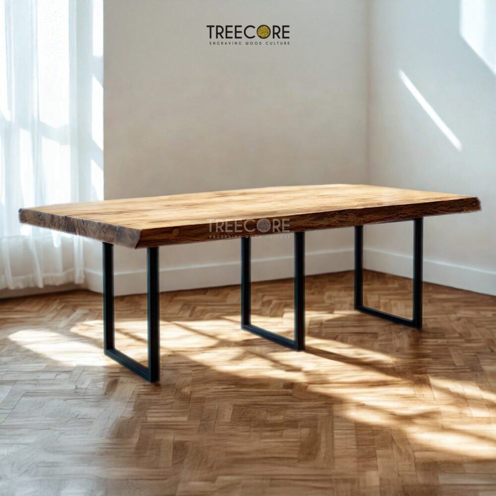 Enhance interiors with The Suar Live Edge Table, crafted from solid suar wood featuring unique live edge design and timeless durability.