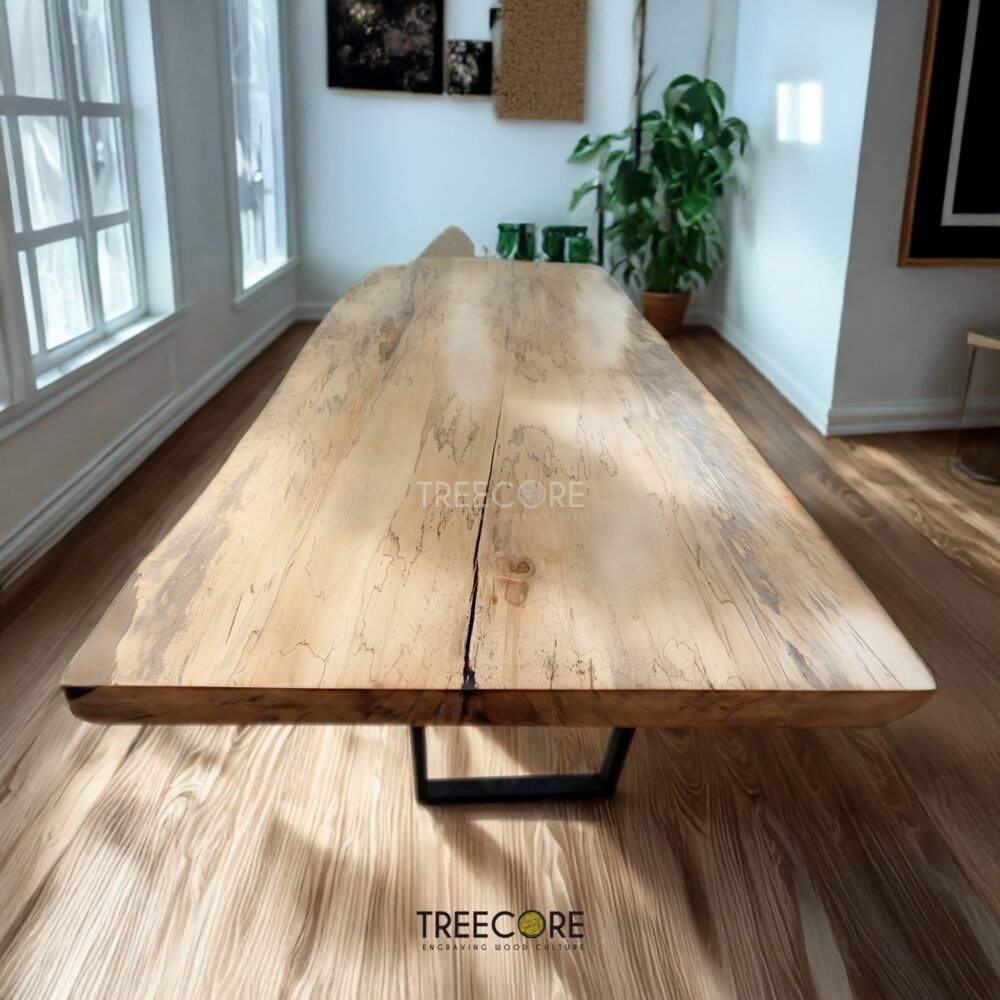 Enhance interiors with The Suar Live Edge Table, crafted from solid suar wood featuring unique live edge design and timeless durability.