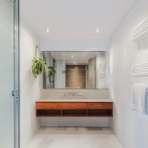Upgrade your bathroom with the Elegant Wood Toilet Vanity, crafted from teak wood with natural satin finish for durability and timeless charm.