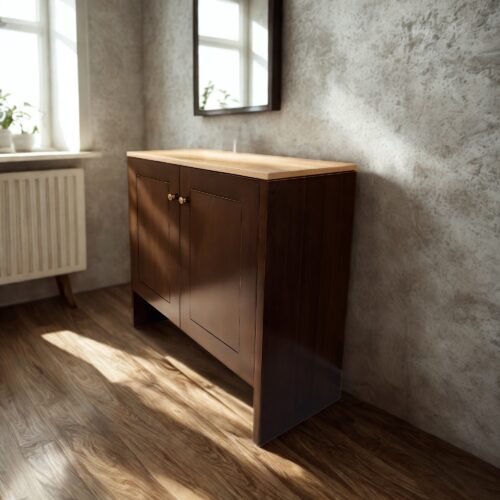 Elevate your space with the Sleek Minimalist Wooden Vanity, crafted from teak wood with brown satin finish for durability and timeless elegance.
