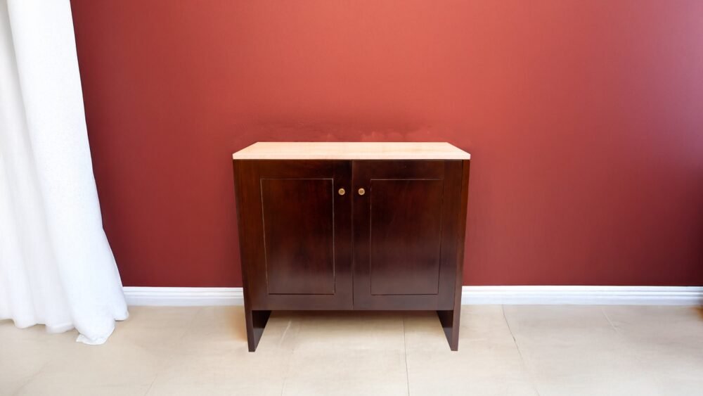 Elevate your space with the Sleek Minimalist Wooden Vanity, crafted from teak wood with brown satin finish for durability and timeless elegance.