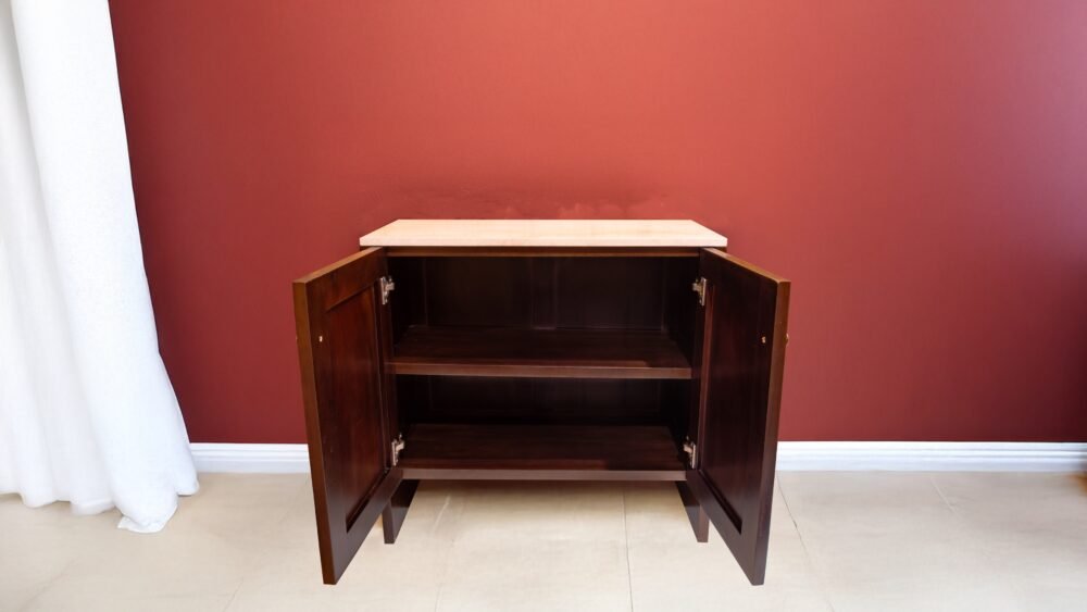 Elevate your space with the Sleek Minimalist Wooden Vanity, crafted from teak wood with brown satin finish for durability and timeless elegance.
