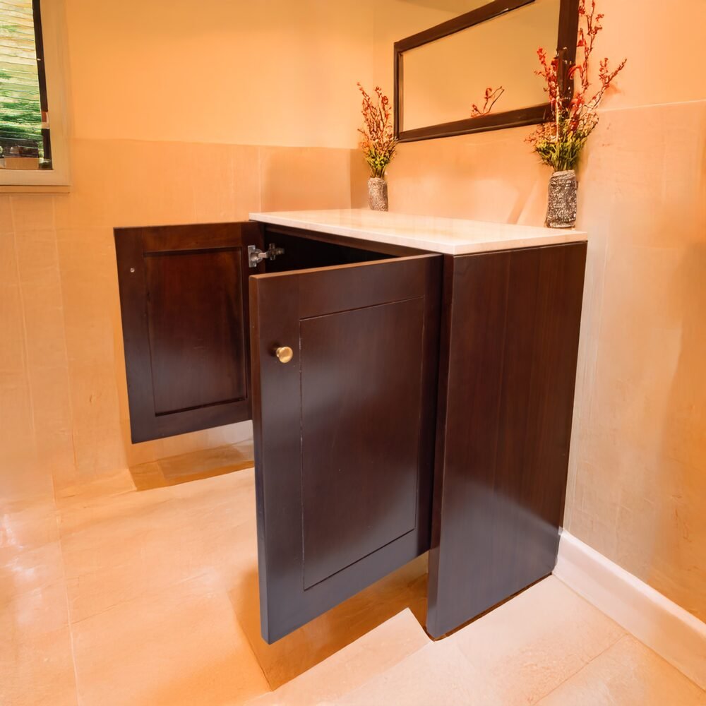 Elevate your space with the Sleek Minimalist Wooden Vanity, crafted from teak wood with brown satin finish for durability and timeless elegance.